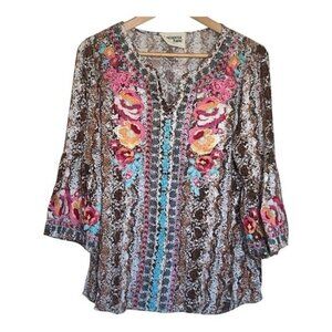 Savanna Jane Womens Embroidered Boho Tunic Top Size S Brown Floral Snake Print
